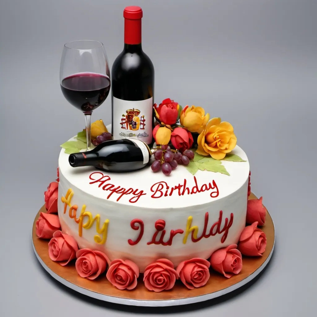 Prompt: Show an image of a birthday cake with Spanish and wine theme
