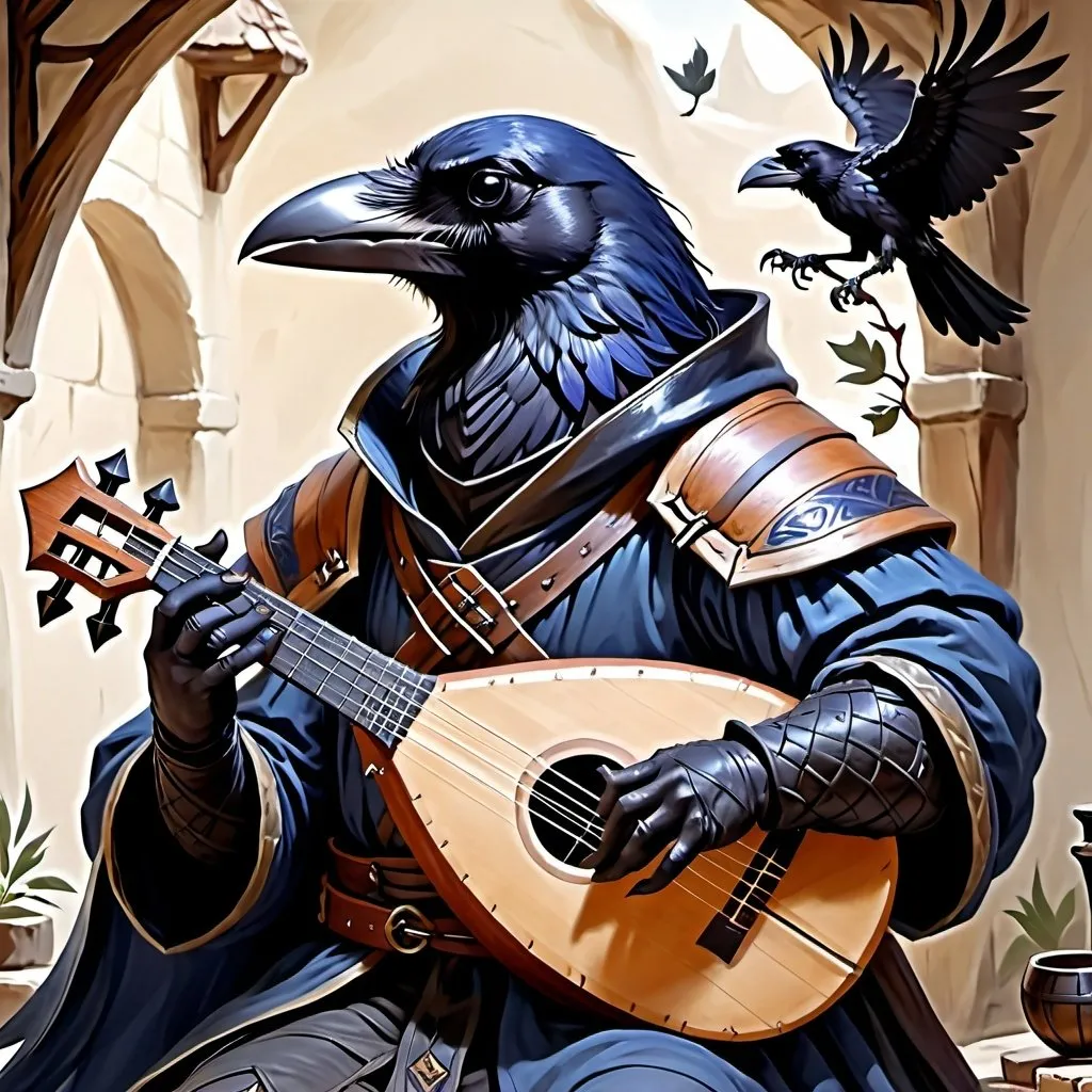 Prompt: Rossglum the Kenku bard is singing and playing a lute. He looks like a raven and is wearing a dark blue robe and black leather tunic.