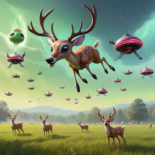 Prompt: Alien drones dropping alien deer over a field in fantasy style include drones flying over the deer and a chik-fil-a in background