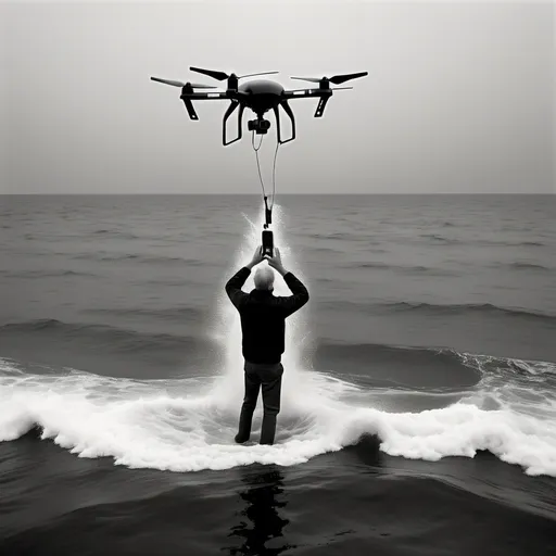 Prompt: Photo of whalenlaunching a drone in the ocean, dramatic in the style of Dirk Braeckman, B&W