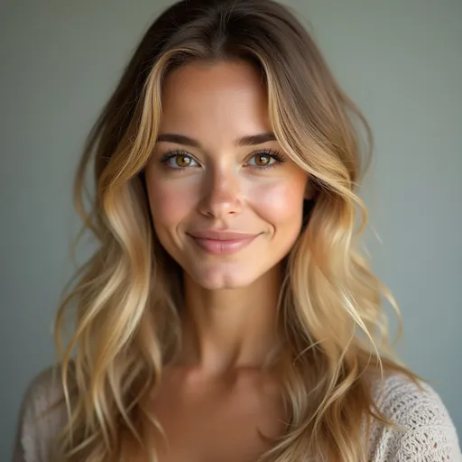 Prompt: potrait of a woman in her 20s, natural blonde hair, slightly wavy hair, hair is falling to both her shoulders, brown eyes, intelligent, sublte smile, confident look in the eyes, attitude that nobody should pisses her off, blonde hairline