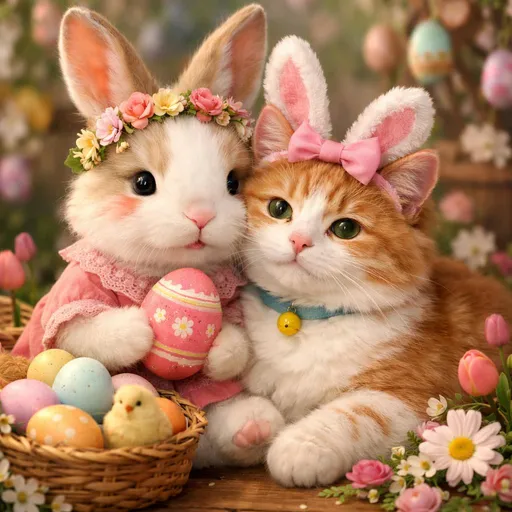 Prompt: Ein süßer wunderschöner Osterhase, der bei seinem besten Freund, die Osterkatze ist.
