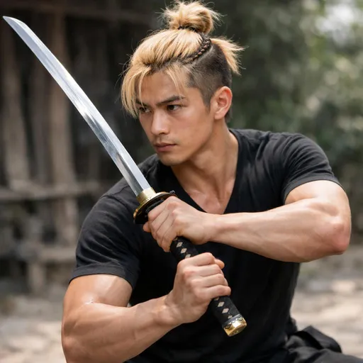 Prompt: Ein junger Asiate mit naturblondem Haar, geübt im Schwertkampf, muskulöser, geschmeidiger Körper, bei den Haaren befindet sich ein kleiner Zopf, der duttähnlich zusammengebunden ist, fotorealistische Darstellung