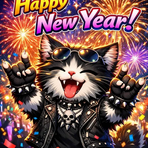 Prompt: Eine süße Heavy-Metal-Katze mit Katzenpfoten hat Spaß, macht Party, im Hintergrund sieht man ein wunderschönes Feuerwerk und den Schriftzurg "Ein gutes neues Jahr!" Anime-Stil