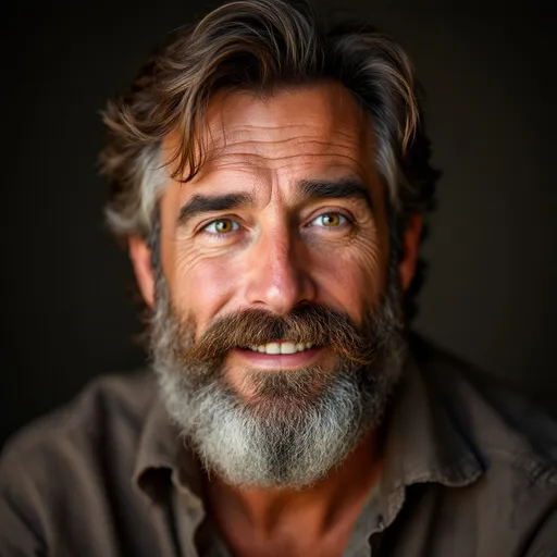 Prompt: potrait of an man in his late 50s, brown hair with little shades of grey in it, a big brown beard, brown understanding eyes, friendly expression