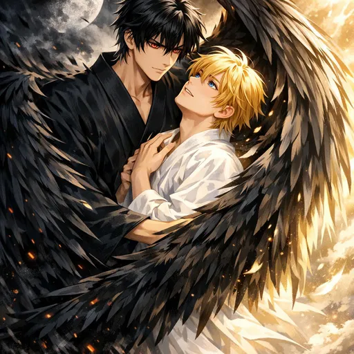 Prompt: Ein Mann mit schwarzen Haar und roten Augen, trägt einen schwarzen Kimono, hat Flügel aus schwarzen Federn, die gerade dabei sind sich um einen zweiten Mann zu schließen. der zweite Mann ist blond, blaue Augen und trägt einen weißen Kimono. Sein Gesichtsausdruck zeigt, dass er will, dass sich die Flügel um ihn schließen.
Der erste Mann symbolisiert Dunkelheit, während der zweite Mann das Licht symbolisiert
Stil: Anime, filmplakat