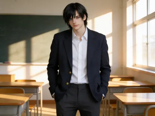 Prompt: @yoMbUyCLDKFXJpZM3gTh trägt eine Schuluniform für Jungen. Er wirkt gelangweilt.