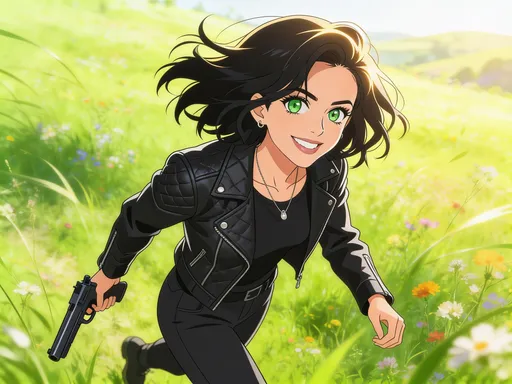 Prompt: @Nm7siLUW7eHy8MfdqXRQ geht aufrecht auf einer Wiese entlang, sie trägt eine Waffe. Klassischer Anime-Stil mit großen Augen, detaillierte Kleidung, stylisch, längerer stil, dynamisch und schönes Bild, wirkt wie bei einem Anime Opening, es ist aber eine kleine Distanz zwischen ihr und dem Betrachter