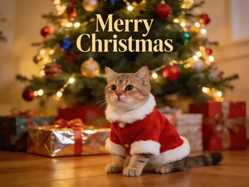 Prompt: Eine süße Katze im Weihnachtsoutfit, ein schöner Weihnachtsbaum mit Geschenken im Hintergrund, Schriftzug "Frohe Weihnachten", realistisch