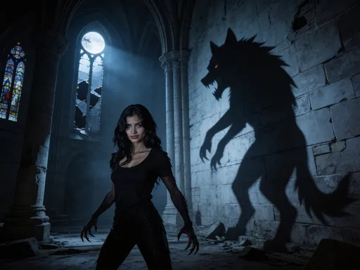 Prompt: Stelle @RLP5HfZDjy4abZrtrlb2 als Bösewicht eines Monsterfilms dar. Ihr Schatten zeigt einen Wolf.