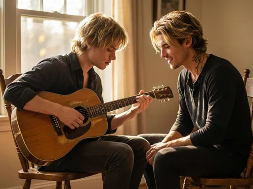 Prompt: @EBuF0MJUlw8Syx8kXNRh und  @PsguO095KVqQLwsuOfVX sitzen sich gegenüber, während Chris Gitarre spielt. Adrian hört wie gebannt zu. 