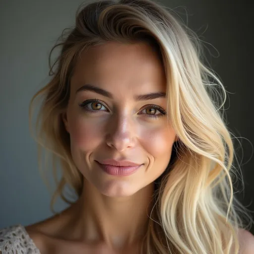 Prompt: potrait of a woman in her 20s, natural blonde hair, slightly wavy hair, brown eyes, intelligent, slight smile on the lips