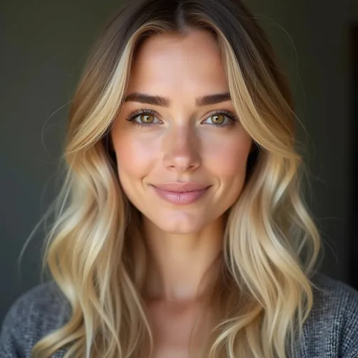 Prompt: potrait of a woman in her 20s, natural blonde hair, slightly wavy hair, hair is falling to both her shoulders, brown eyes, intelligent, sublte smile, confident look in the eyes, attitude that nobody should pisses her off, blonde hairline, only blonde hair