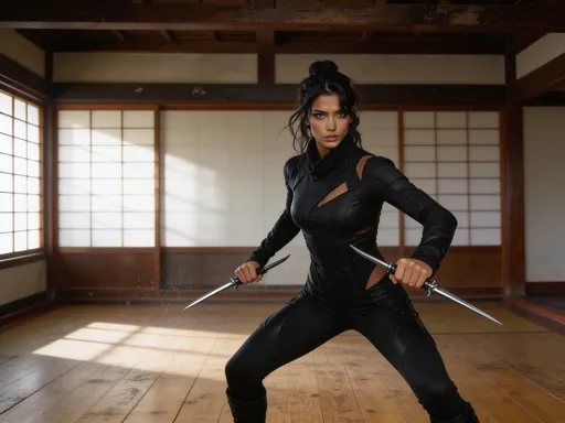 Prompt: @UqzGARE8AEUfU7G5iyN4hat in jeder Hand die Waffe Sai (dreizackige asiatische Waffe, bekannt aus dem Film Elektra), wirkt entschlossen 
cooles Bild, cinemastiche Qualität, künstlerisch hochwertig, Hintergrund ist ein Dojo
Ihre Kleidung ist stylisch.