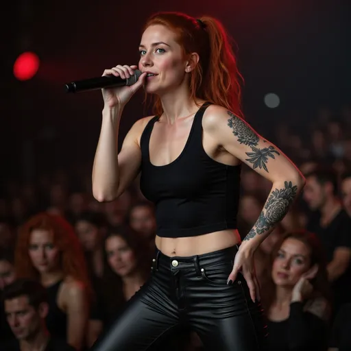 Prompt: @O3wEbV3Z6b6hd6xWjmqZ is wearing a black band t-shirt and black leather trousers and is performing at a hard rock concert. @O3wEbV3Z6b6hd6xWjmqZ is wearing a ponytail and leaning towards the crowd. @O3wEbV3Z6b6hd6xWjmqZ is having fun performing. You can see the face of @O3wEbV3Z6b6hd6xWjmqZ 