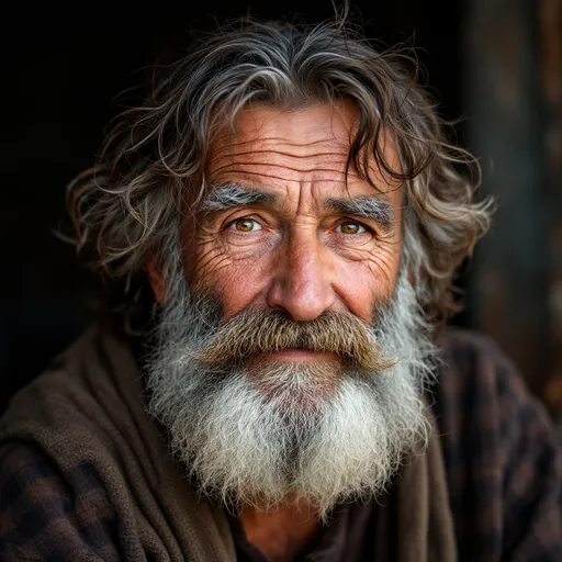 Prompt: potrait of an elderly man, brown hair with a little bit silver in it, a big beard, brown understanding eyes, weather-beaten face, friendly expression