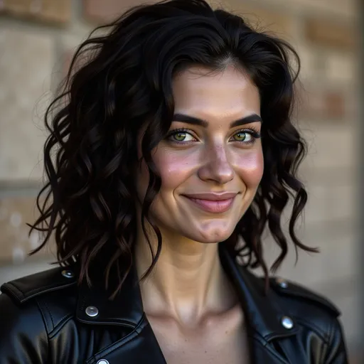 Prompt: A potrait of a caucasian woman in her 20s, dark, curly hair falling to her shoulders, green eyes, sporty figure, wearing a leather jacket, smiling