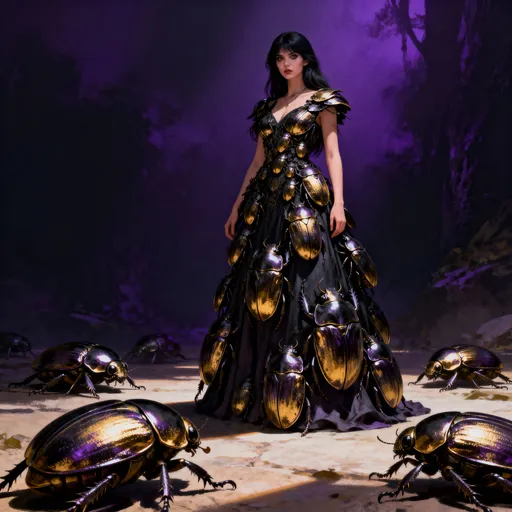Prompt: A beautiful woman with dark hair und dark eyes. She is wearing a dress made of beetles going down to the floor.  She is standing proud and intimidating, more beetles are coming towards her.