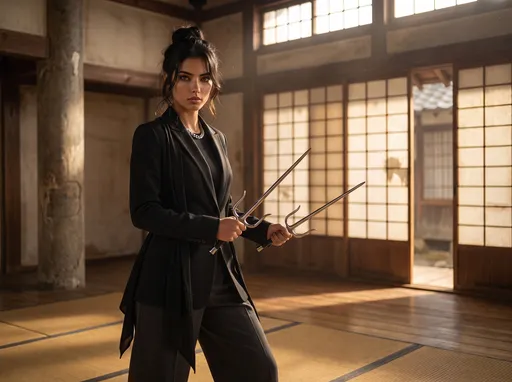 Prompt: @UqzGARE8AEUfU7G5iyN4hat in jeder Hand die Waffe Sai (dreizackige asiatische Waffe, bekannt aus dem Film Elektra), wirkt entschlossen 
cooles Bild, cinemastiche Qualität, künstlerisch hochwertig, Hintergrund ist ein Dojo
Ihre Kleidung ist stylisch.