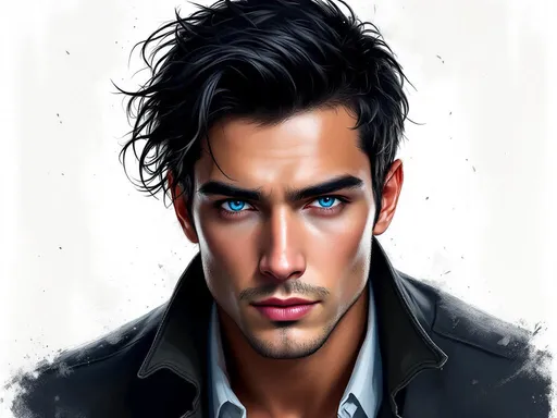 Prompt: A young handsome man, black hair, blue eyes, calculative and manipulative, intelligent, a cold smile