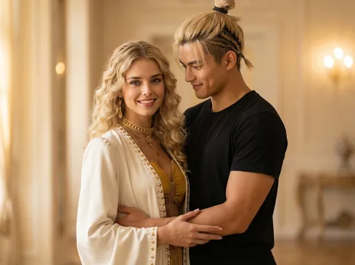 Prompt: @rFBd4VrzIjX1f1341ADp hat liebevoll und gleichzeitig beschützend den Arm um @LUlqIZDZeBvh2ROIYmsT s Hüfte gelegt. @rFBd4VrzIjX1f1341ADp sieht @LUlqIZDZeBvh2ROIYmsT voller Liebe an und lächelt sie an. Seine Augen sind dennoch aufmerksam.@LUlqIZDZeBvh2ROIYmsT richtet ihre Aufmerksamkeit und ihren Körper auf die Kamera. Sie lächelt ebenfalls. Abgesehen von dem Arm gibt es einen weiteren Körperkontakt. 
Bild voller Zärtlichkeit und Wärme, sanfte und warme Töne