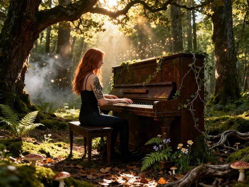 Prompt: @JUFr57urtmgPMCvUOcm3 sitzt mitten im Wald am Klavier, versunken in die Musik. Sie wird Teil der Natur, sehr friedfertige Stimmung, viele Details, leicht magisch, die Kleidung passt zum Wald