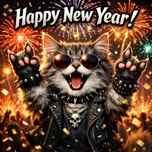 Prompt: Eine süße Heavy-Metal-Katze mit Katzenpfoten hat Spaß, macht Party, im Hintergrund sieht man ein wunderschönes Feuerwerk und den Schriftzurg "Ein gutes neues Jahr!" 