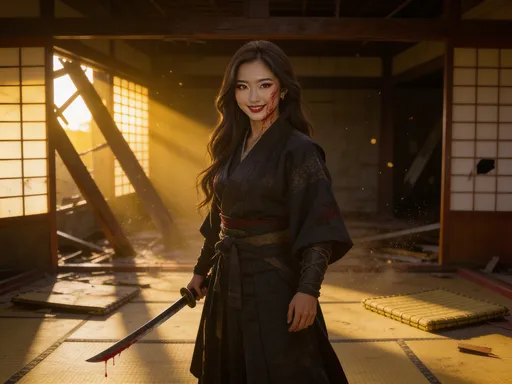 Prompt: Stelle @XDFMAXZRYexRNCfPLSmS als Bösewicht eines Samuraifilms dar. Sie ist blutbespritzt und ein grausames Lächeln ziert ihr Gesicht.