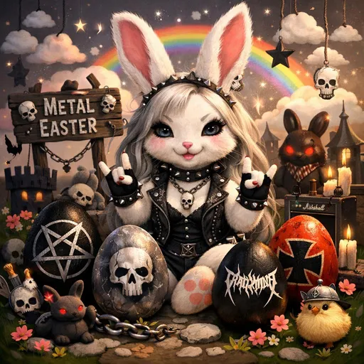 Prompt: Ein süßer wunderschöner weiblicher Osterhase, der Heavy Metal mag. Der Hase hat nur Pfoten. Auf den Eiern sind Metalsymbole zu sehen. Die Umgebung ist zugleich süß, verspielt wie auch Metal.