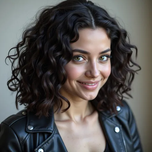 Prompt: A potrait of a caucasian woman in her 20s, dark, curly hair falling to her shoulders, green eyes, sporty figure, wearing a leather jacket, smiling