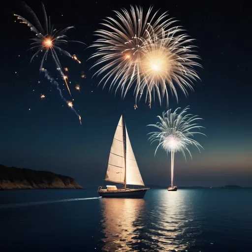 Prompt: A sailing boat, a firework at the dark sky full of stars, coast in the background