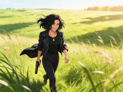Prompt: @Nm7siLUW7eHy8MfdqXRQ geht aufrecht auf einer Wiese entlang, sie trägt eine Waffe. Klassischer Anime-Stil, dynamisch und schönes Bild, wirkt wie bei einem Anime Opening, es ist aber eine kleine Distanz zwischen ihr und dem Betrachter