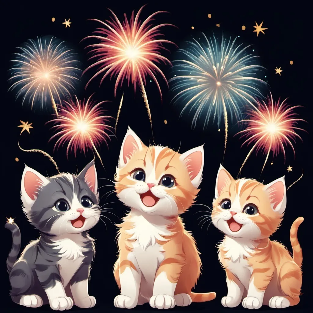 Prompt: Several cute kitten, firework above them 

"Happy new Year"