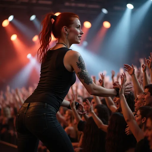Prompt: @O3wEbV3Z6b6hd6xWjmqZ is wearing a black band t-shirt and black leather trousers and is performing at a hard rock concert. @O3wEbV3Z6b6hd6xWjmqZ is wearing a ponytail and leaning towards the crowd. @O3wEbV3Z6b6hd6xWjmqZ is having fun performing.