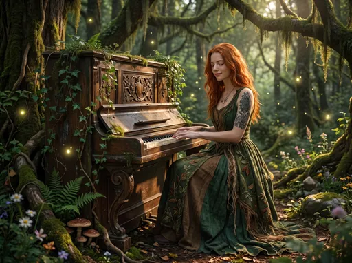 Prompt: @JUFr57urtmgPMCvUOcm3 sitzt mitten im Wald am Klavier, versunken in die Musik. Sie und das Klavier verschmelzen fast mit dem Wald, sehr friedfertige Stimmung, viele Details, magisch, die Kleidung passt zum Wald