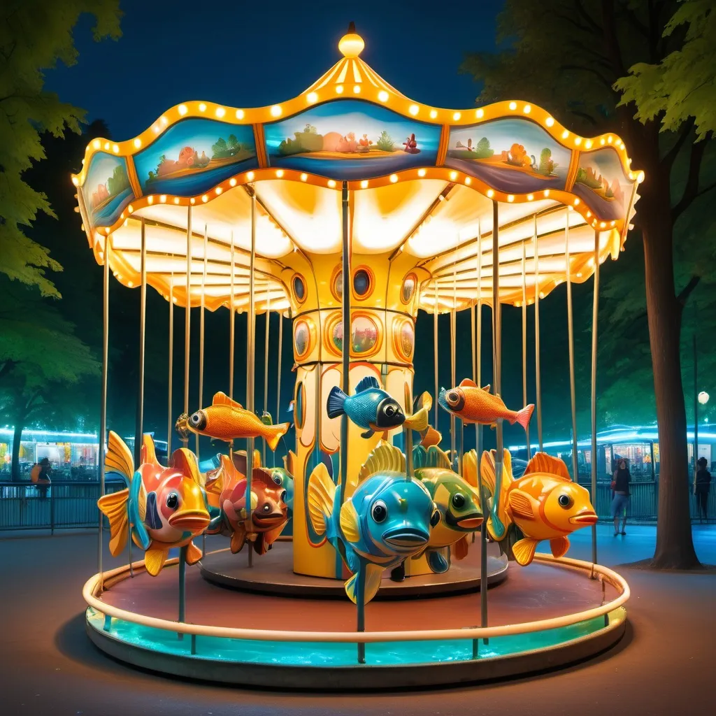 Prompt: park with a Aquatic glowy fish carousel 
