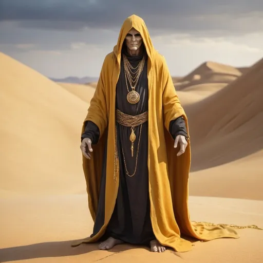 Prompt: sorcerer in the desert. made of rough sandstone. wearing dark yellow robes. decorative gold chain vail