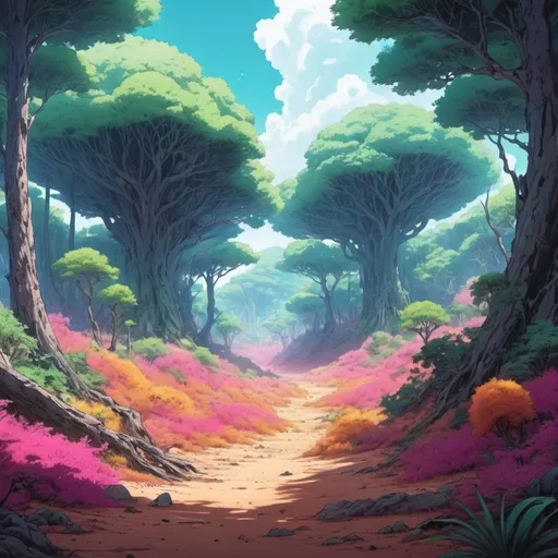 Prompt: Vast and mystical anime forest that blends into a desert, studio gibli style, vibrant colours, with a large clearing in the forest