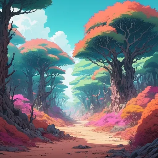 Prompt: Vast and mystical anime forest that blends into a desert, studio gibli style, vibrant colours