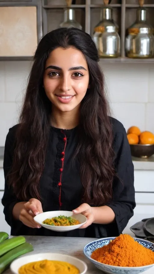 Prompt: Introducing Sahar, a 22-year-old Moroccan university student with a passion for literature and a talent for cooking. Her long black hair and brown eyes reflect her proud Moroccan heritage. Sahar's virtual presence on YouTube and Instagram showcases her journey from her traditional upbringing, where she learned culinary secrets from her grandmother, to her love for literature that blossomed during adolescence.

On Instagram, Sahar's feed features captivating images of her creating diverse dishes, highlighting her favorite books and excerpts from her writings, and short videos demonstrating easy and fast recipes. She also shares glimpses of her visits to the bustling Moroccan market, in search of fresh ingredients for her culinary adventures.

Sahar's YouTube channel is an extension of her personal journey, where she shares her love for
