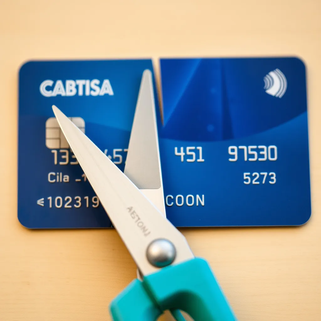 Prompt: A credit card being cut in half with scissors