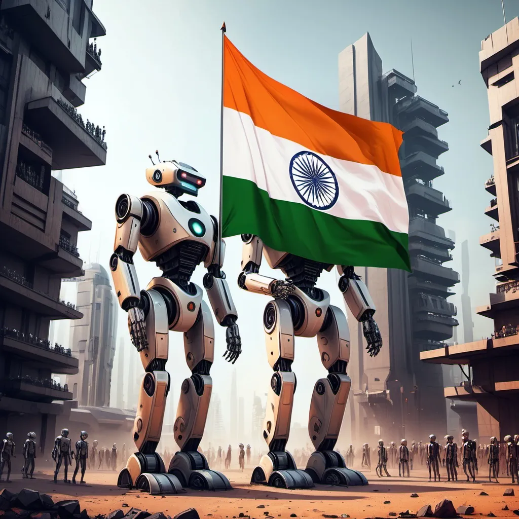 Prompt: 1000 Robots standing left side and 1000 indian humans standing right side with indian flag . Situated in the year 3047 in a sci fi city a war was happened between indians and robots and now robots gave independence to indians in year 3047. big sci fi buildings are present