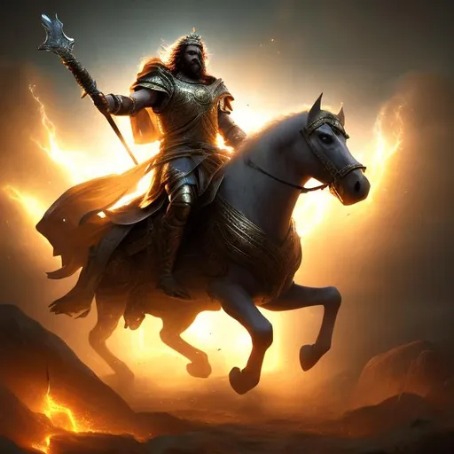 Prompt: Human king riding a horse with a spear in hand. Light casting down upon him.