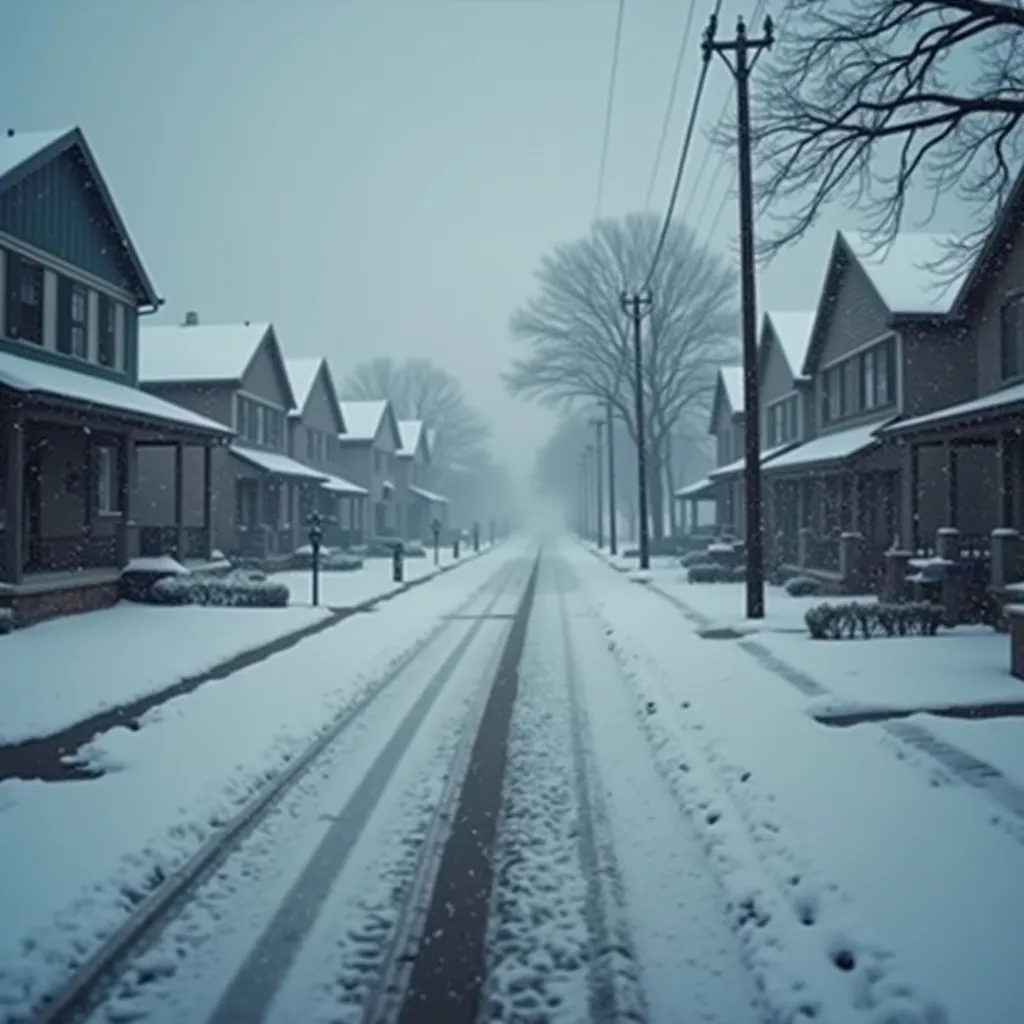 Prompt: The screen fades in with snow falling over a neighborhood. A voiceover begins:
"When winter strikes, chaos reigns."
[Voiceover]

