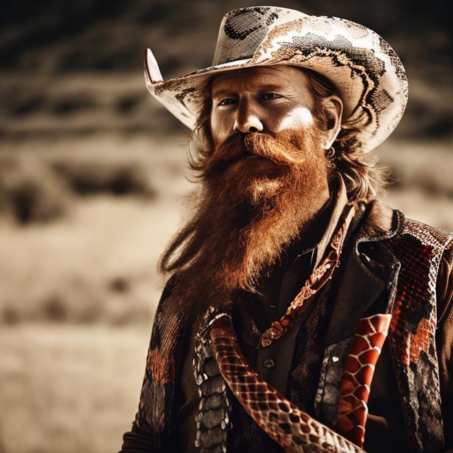 Prompt: A cowboy with a large red beard wearing a cowboy hat with a snakeskin band