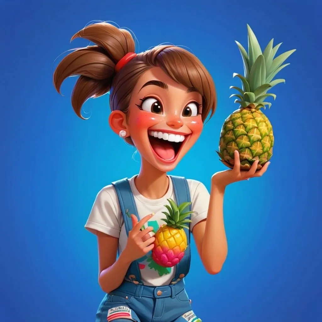 Prompt: Colorful illustration of a cute girl holding a pineapple, laughing, white background