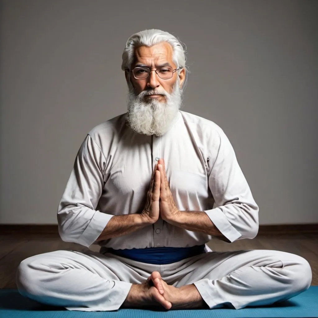 Prompt: Old Muslim with white hair and beard superman doing yoga 