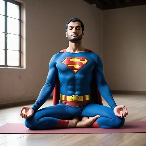 Prompt: Muslim superman doing yoga 