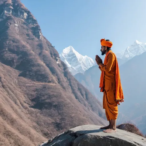 Prompt: Indian man standing on mountain and praying for shivaling
