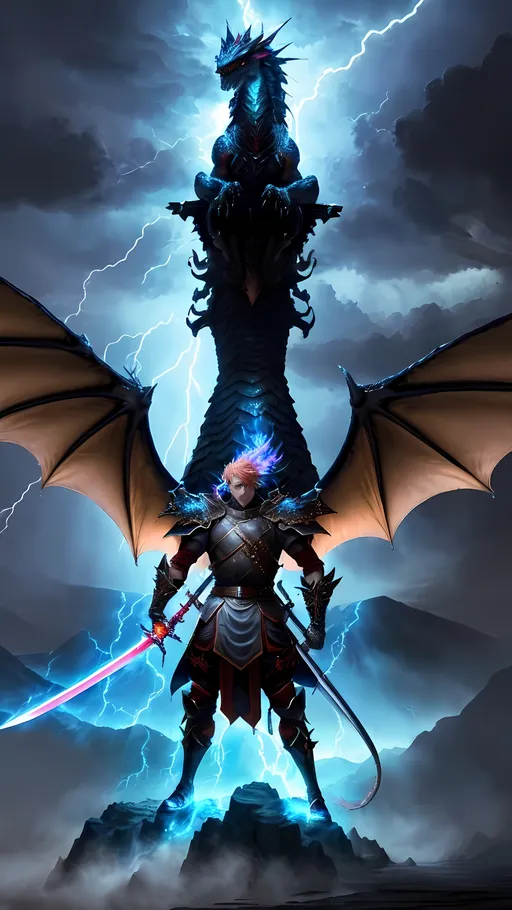 Prompt: Anime character (dressed for battle), holding a sword (flaming sword), standing upon a majestic dragon, sword lifted high, summoning a dramatic thunderstorm, vivid lightning (electric ambiance), vibrant colors, intense emotions, mythical atmosphere, detailed expressions, epic fantasy scene, dynamic composition, high detail, ultra-detailed, cinematic visual, fantasy landscape in the background.